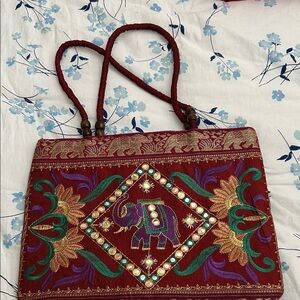 Artisan Embroidered Elephant Shoulder Bag - Burgundy and Green
